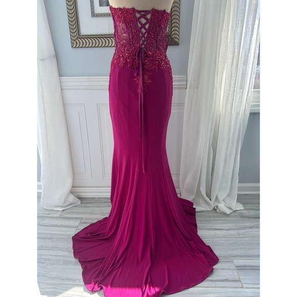 Faviana Glamour Gown Magenta Beaded Lace Corset Black Tie Prom Dress Size 6 - Picture 4 of 10